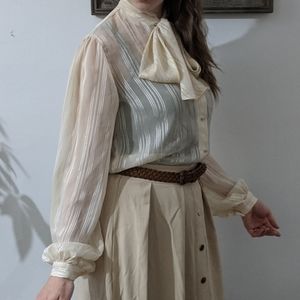 Vintage Cream Pinstriped Button-up Neck Bow Blouse